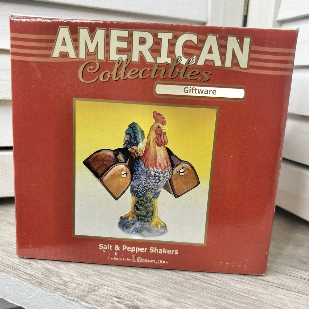 American Collectibles, Roman Inc Rooster w/ Saddlebags Salt & Pepper Shakers NIB